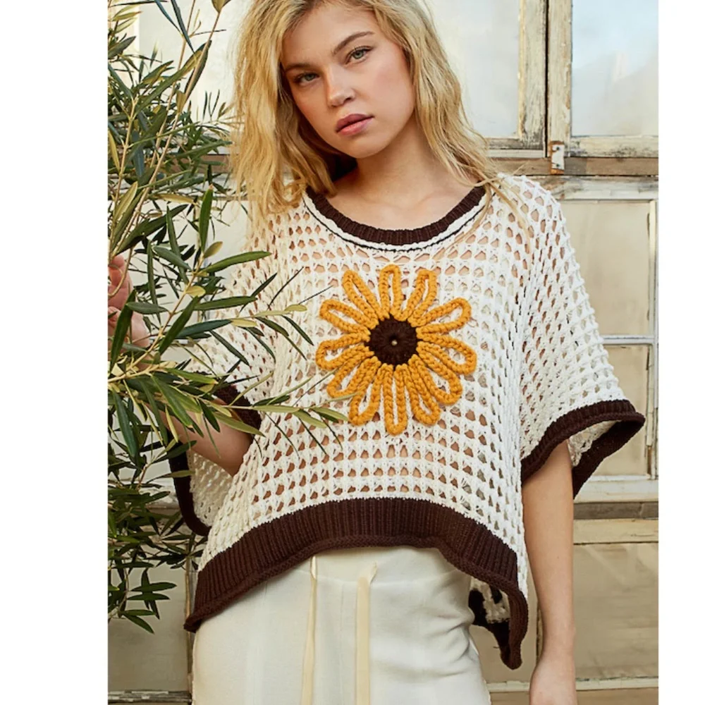 "The Bessie" Sunflower Open Crochet Knit Top - Picture 1 of 3